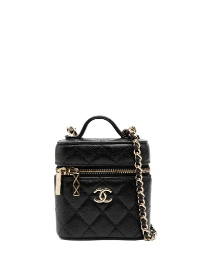 Pre-owned Chanel 2021 Mini Caviar Handle With Care Vanity Case Satchel In Black