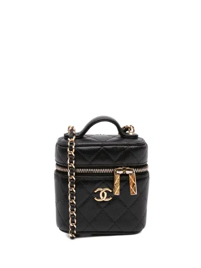 Pre-owned Chanel 2021 Mini Caviar Handle With Care Vanity Case Satchel In Black