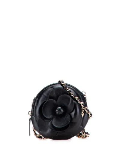 Pre-owned Chanel 2021 Mini Cc Lambskin Camellia Bouquet Round Clutch On Chain Crossbody Bag In Black