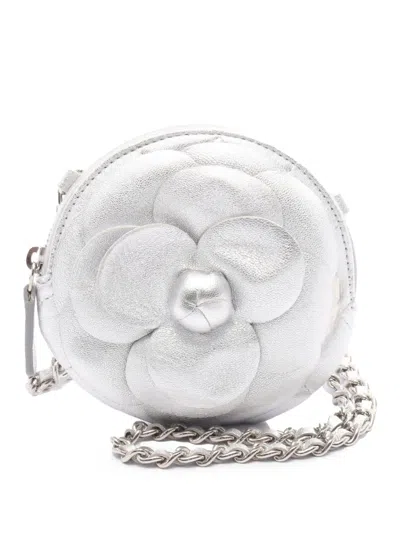 Pre-owned Chanel 2021 Mini Cc Metallic Lambskin Camellia Bouquet Round Clutch On Chain Crossbody Bag In Silver