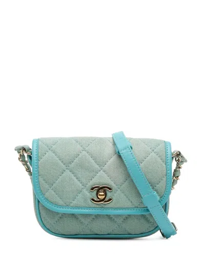 Pre-owned Chanel 2021 Mini Cc Quilted Denim Messenger Flap Crossbody Bag In Blue
