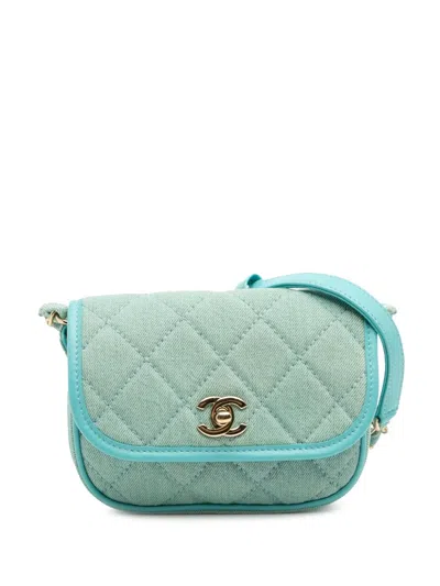 Pre-owned Chanel 2021 Mini Cc Quilted Denim Messenger Flap Crossbody Bag In Blue
