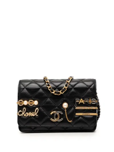 Pre-owned Chanel 2021 Mini Cc Quilted Lambskin Coco Clips Wallet On Chain Crossbody Bag In Black