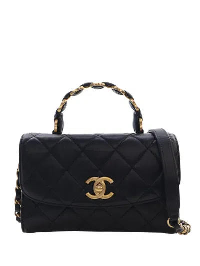 Pre-owned Chanel 2021 Mini Cc Quilted Lambskin Links Top Handle Flap Satchel In Black