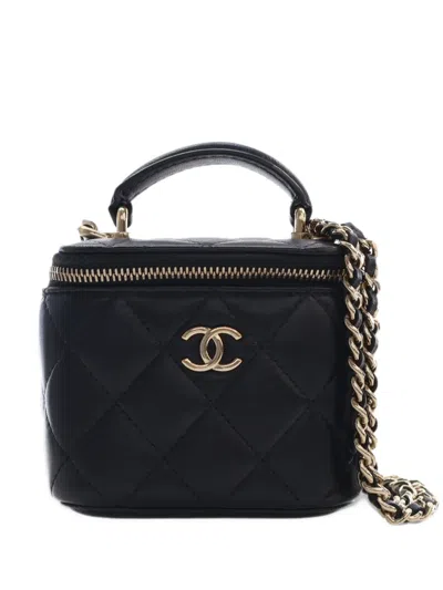 Pre-owned Chanel 2021 Mini Cc Quilted Lambskin Top Handle Vanity Case With Chain Satchel In Black