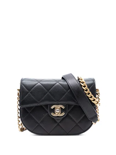 Pre-owned Chanel 2021 Mini Cc Quilted Shiny Calfskin Round Moon Messenger Flap Crossbody Bag In Black