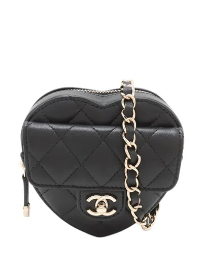 Pre-owned Chanel 2021 Mini Lambskin Cc In Love Heart Belt Bag In Black
