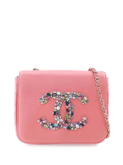 Pre-owned Chanel 2021 Mini Lambskin Giant Crystal Cc Flap Crossbody Bag