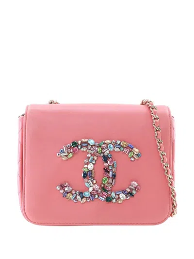 Pre-owned Chanel 2021 Mini Lambskin Giant Crystal Cc Flap Crossbody Bag In Pink