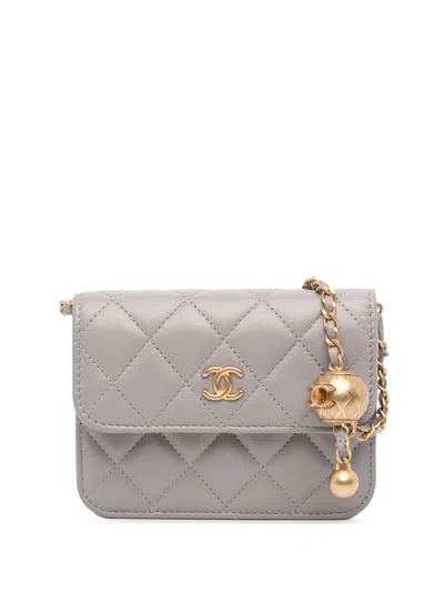 Pre-owned Chanel 2021 Mini Lambskin Pearl Crush Clutch On Chain Crossbody Bag In Gray