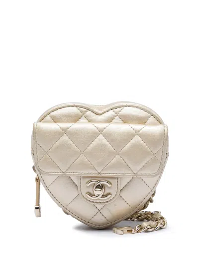 Pre-owned Chanel 2021 Mini Metallic Lambskin Cc In Love Heart Belt Bag In Gold