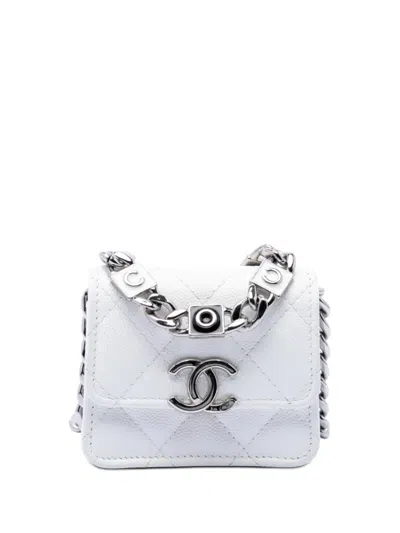 Pre-owned Chanel 2021 Mini Quilted Caviar Coco Enamel Strap Flap Clutch With Chain Crossbody Bag In White