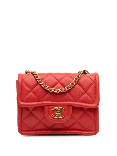 Pre-owned Chanel 2021 Mini Quilted Caviar Sweet Classic Flap Crossbody Bag In Red