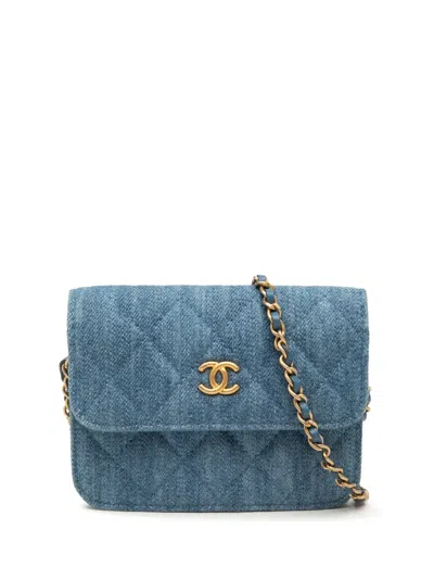 Pre-owned Chanel 2021 Mini Quilted Denim Pearl Crush Clutch With Chain Crossbody Bag In Blue