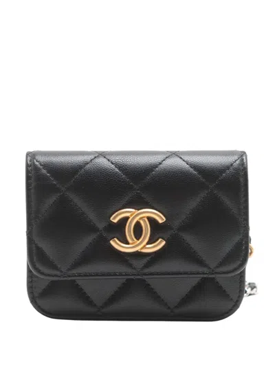 Pre-owned Chanel 2021 Mini Quilted Goatskin Punk Essentials Chain Flap Belt Bag In Black