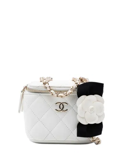 Pre-owned Chanel 2021 Mini Quilted Lambskin Camellia Bow Vanity Case With Chain Crossbody Bag In White