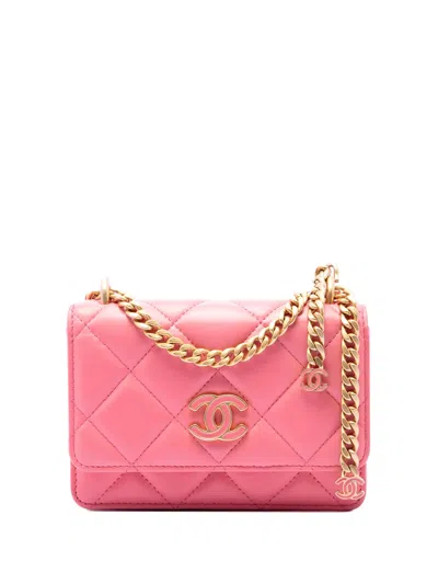 Pre-owned Chanel 2021 Mini Quilted Lambskin Pending Cc Wallet On Chain Crossbody Bag In Pink