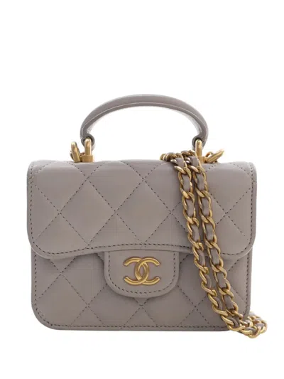 Pre-owned Chanel 2021 Mini Quilted Lambskin Top Handle Card Holder With Chain Satchel In Grey