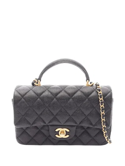 Pre-owned Chanel 2021 Mini Rectangular Classic Lambskin Top Handle Flap Satchel In Black