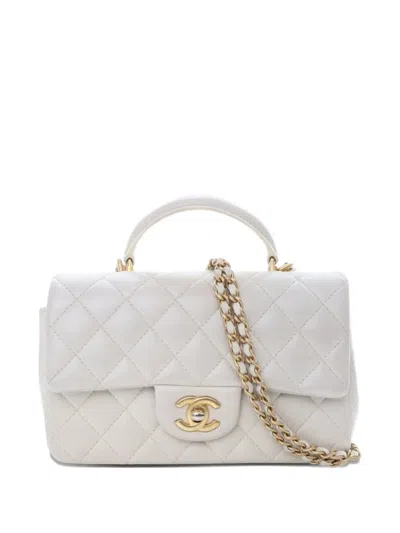 Pre-owned Chanel 2021 Mini Rectangular Lambskin Top Handle Flap Satchel In White