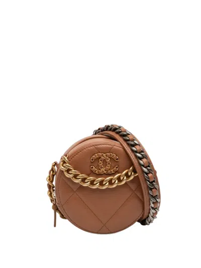 Pre-owned Chanel 2021 Mini Round 19 Clutch With Strap Satchel In Brown