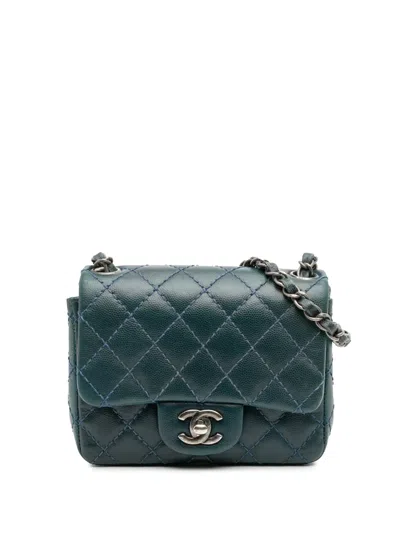 Pre-owned Chanel 2021 Mini Square Classic Caviar Single Flap Crossbody Bag In Blue