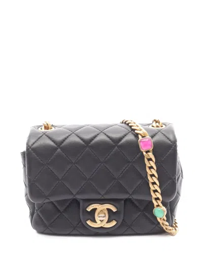 Pre-owned Chanel 2021 Mini Square Classic Lambskin Charms Single Flap Shoulder Bag In Black