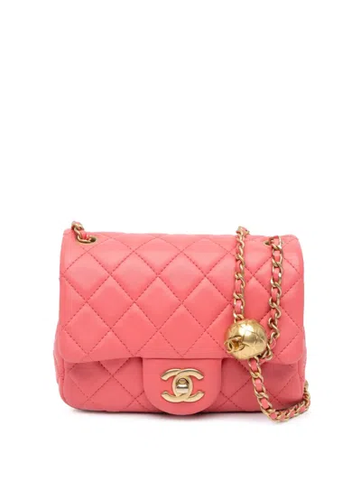 Pre-owned Chanel 2021 Mini Square Classic Lambskin Pearl Crush Flap Crossbody Bag In Pink
