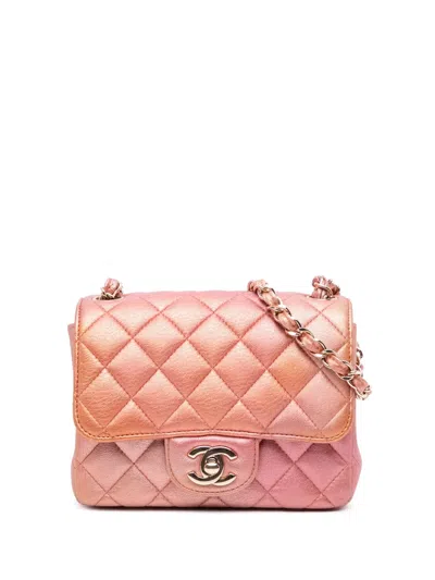Pre-owned Chanel 2021 Mini Square Iridescent Calfskin Flap Crossbody Bag In Orange