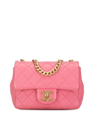 Pre-owned Chanel 2021 Mini Square Lambskin Pearl Samba Flap Crossbody Bag In Pink