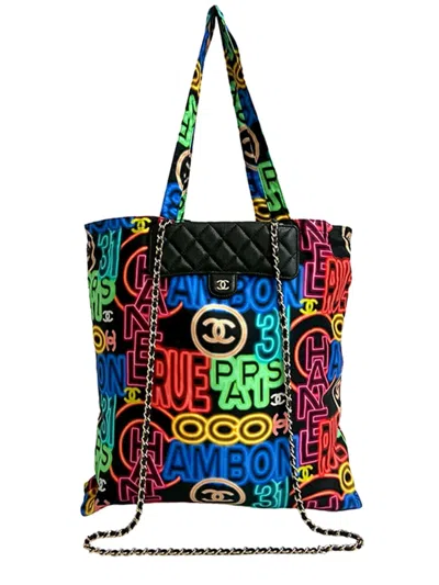 Pre-owned Chanel 2021 Nylon Graffiti Foldable Shopping In Caviar Flap Tote Bag In Black