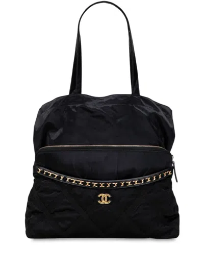 Pre-owned Chanel 2021 Nylon Grosgrain Lifestyle Foldable Tote Bag In Black