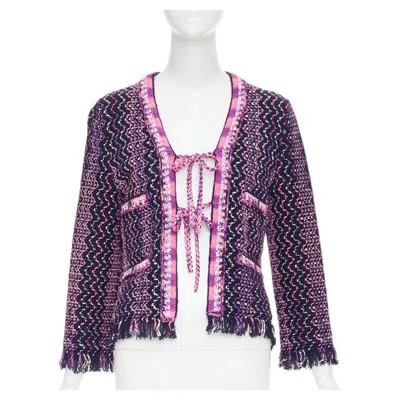 Pre-owned Chanel 2021 P70494 Fringe Trim Tie Front Tweed Chevron Cardigan Jacket Fr34 Xxs In Gray