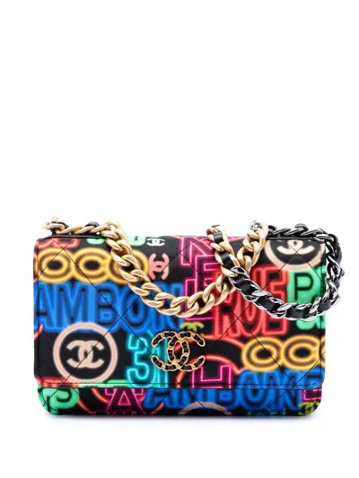 Pre-owned Chanel 2021 Printed Nylon Graffiti 19 Wallet On Chain Satchel In Black