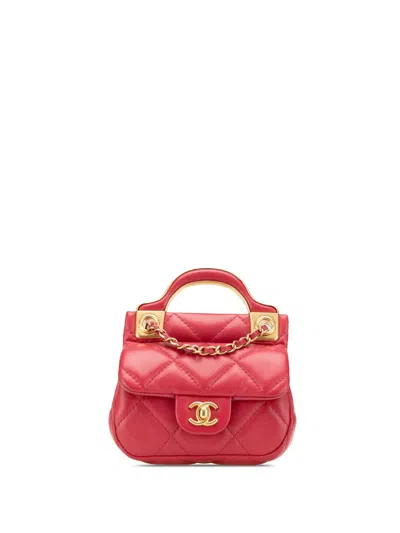 Pre-owned Chanel 2021 Quilted Calfskin Lady Card Holder With Chain Top Handle Bag Satchel In Red