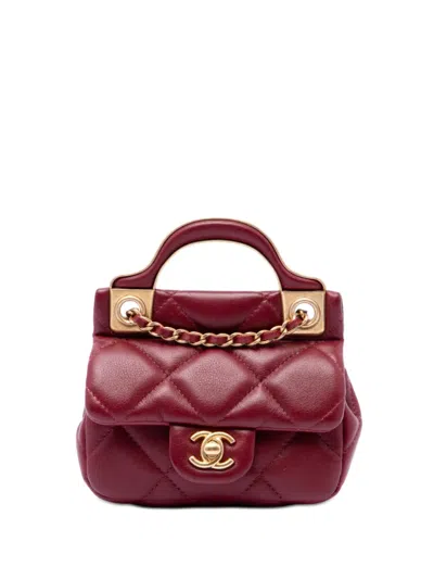 Pre-owned Chanel 2021 Quilted Calfskin Lady Card Holder With Chain Top Handle Bag Satchel In Red