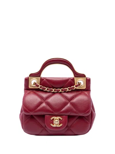 Pre-owned Chanel 2021 Quilted Calfskin Lady Card Holder With Chain Top Handle Bag Satchel In Red