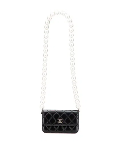 Pre-owned Chanel 2021 Quilted Calfskin Maxi Pearls Clutch With Chain Crossbody Bag In Black