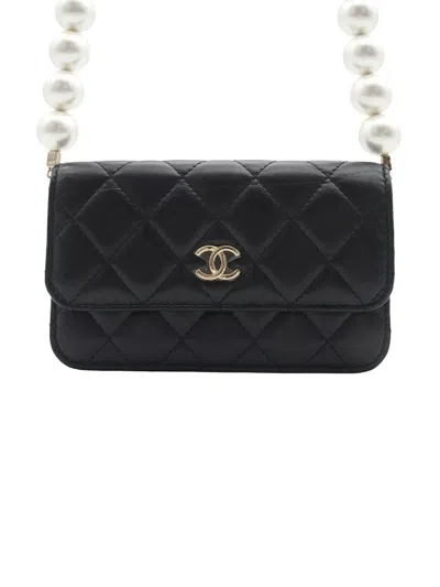 Pre-owned Chanel 2021 Quilted Calfskin Maxi Pearls Clutch With Chain Crossbody Bag In Black