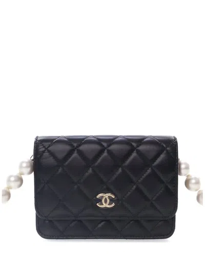Pre-owned Chanel 2021 Quilted Calfskin Maxi Pearls Wallet On Chain Crossbody Bag In Black