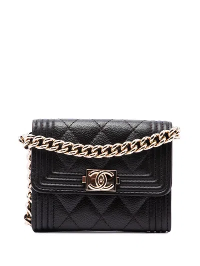 Pre-owned Chanel 2021 Quilted Caviar Boy Card Holder With Chain Crossbody Bag In Brown