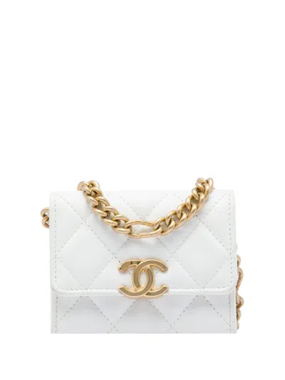 Pre-owned Chanel 2021 Quilted Caviar Card Holder On Chain Crossbody Bag In White
