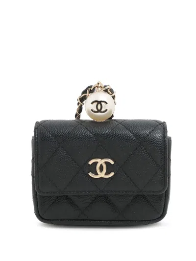 Pre-owned Chanel 2021 Quilted Caviar Cc Pearl On Top Coin Pouch With Chain Crossbody Bag In Black