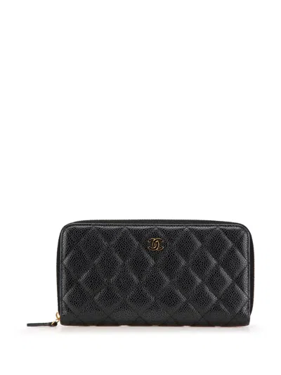 Pre-owned Chanel 2021 Quilted Caviar Cc Zip Around Wallet Long Wallets In Black