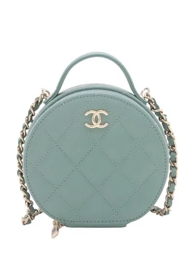 Pre-owned Chanel 2021 Quilted Caviar Handle With Care Round Vanity Case With Chain Satchel In Green