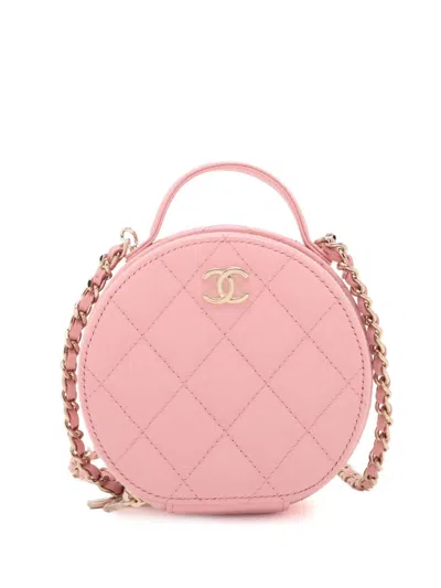 Pre-owned Chanel 2021 Quilted Caviar Handle With Care Round Vanity Case With Chain Satchel In Pink