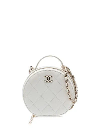 Pre-owned Chanel 2021 Quilted Caviar Handle With Care Round Vanity Case With Chain Satchel In White
