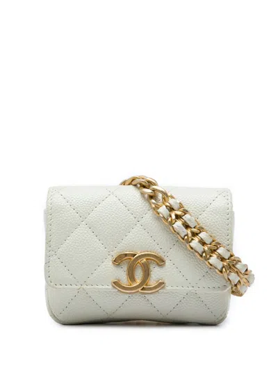 Pre-owned Chanel 2021 Quilted Caviar Melody Chain Belt Bag In White