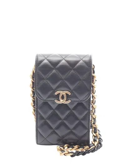 Pre-owned Chanel 2021 Quilted Cc Lambskin Lacquered Chain Phone Holder Crossbody Bag In Black