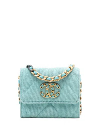 Pre-owned Chanel 2021 Quilted Denim 19 Card Holder With Chain Crossbody Bag In Blue